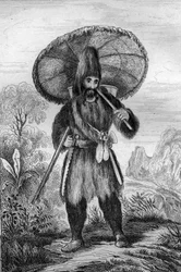 Jeg hadde på meg en høy hatt... gravering etter M. de Sainsons tegning til boken til Daniel Defoe (De foe) "Robinson Crusoe"" fransk utgave av 1837.
