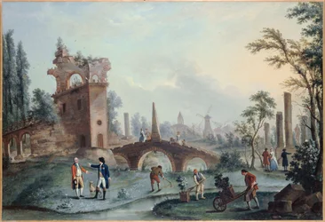 Utsikt over Monceau-hagene, ca. 1778 (olje på lerret)