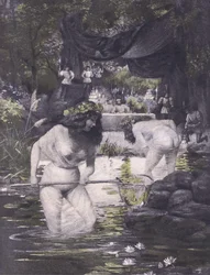 Ginerva og Isotta, illustrasjon fra Decameron of Boccaccio utgitt av Navarre Society 1930-tallet (litho)