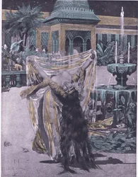 Soldanen til babylons datter danser, illustrasjon fra Decameron av Boccaccio utgitt av Navarre Society 1930-tallet (litho)