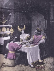 The middag av høns, illustrasjon fra Decameron av Boccaccio utgitt av Navarre Society 1930-tallet (litho)