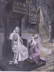 The lady and the friar, illustrasjon fra Decameron of Boccaccio utgitt av Navarre Society 1930-tallet (litho)
