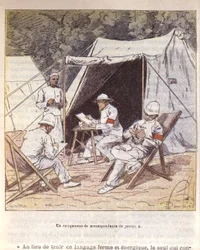 Franske krigskorrespondenter på Madagaskar på tidspunktet for annekteringen av Frankrike 1895-96 (farge litho)