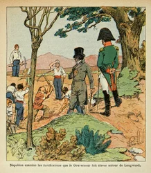 Illustrasjon av Bombled Louis (1862-1927) fra grev Emmanuel de Las Cases "The Memorial of Saint Helene" (1766-1842): Napoleon undersøker festningsverkene som guvernør Hudson Lowe (1769-1844) reiste rundt Longwood, Private Collection