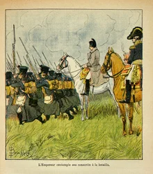 Illustrasjon av Bombled Louis (1862-1927) fra boken "The Memorial of Saint Helene" av grev Emmanuel de Las Cases (1766-1842): Keiser Napoleon tenker på sine vernepliktige under et slag, Privat samling