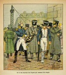 Illustrasjon av Bombled Louis (1862-1927) fra boken "The Memorial of Saint Helene" av grev Emmanuel de Las Cases (1766-1842): En tidligere offiser av Napoleon, under restaurering, ber tidligere vernepliktige om å avvise det keiserlige regimet, Delvis samli