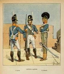 Illustrasjon av Bombled Louis (1862-1927) fra boken «The Memorial of Saint Helene» av grev Emmanuel de Las Cases (1766-1842): Engelsk artilleri: Til fots; Til hest, Private Collection