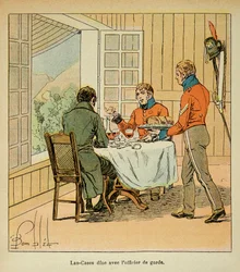 Illustrasjon av Bombled Louis (1862-1927) fra boken "The Memorial of Saint Helene" av grev Emmanuel de Las Cases (1766-1842): Middag mellom Las Cases og vaktoffiseren, privat samling