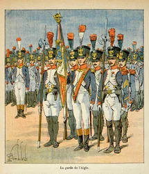 Illustrasjon av Bombled Louis (1862-1927) fra boken "The Memorial of Saint Helene" av grev Emmanuel de Las Cases (1766-1842): The Guard of the Eagle (skapt av Napoleon for å beskytte flagget), Privat samling