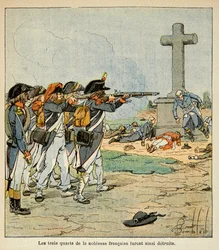 Illustrasjon av Bombled Louis (1862-1927) fra boken "The Memorial of Saint Helene" av grev Emmanuel de Las Cases (1766-1842): Des chouans shootout under the Vendee War, Private Collection