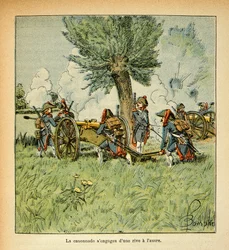 Illustrasjon av Bombled Louis (1862-1927) fra boken "The Memorial of Saint Helene" av grev Emmanuel de Las Cases (1766-1842): Fransk artilleri under den italienske kampanjen, privat samling