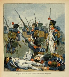 Illustrasjon av Bombled Louis (1862-1927) fra boken "The Memorial of Saint Helene" av grev Emmanuel de Las Cases (1766-1842): Grognards at the Battle of Wagram, Private Collection