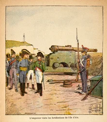 Illustrasjon av Bombled Louis (1862-1927) fra boken "The Memorial of Saint Helene" av grev Emmanuel de Las Cases (1766-1842): Keiser Napoleon besøker festningsverkene på øya Aix etter sin abdikasjon, Private Collection