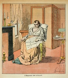 Illustrasjon av Bombled Louis (1862-1927) fra boken "The Memorial of Saint Helene" av grev Emmanuel de Las Cases (1766-1842): Den syke keiser Napoleon i St. Helene, privat samling