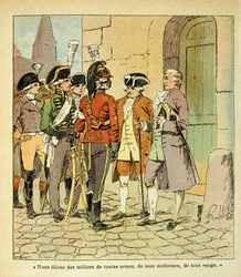 Illustrasjon av Bombled Louis (1862-1927) fra boken "The Memorial of Saint Helene" av grev Emmanuel de Las Cases (1766-1842): Emigrers to Coblenz (Koblenz) under the Revolution, Private Collection