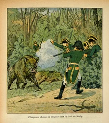Illustrasjon av Bombled Louis (1862-1927) fra boken "The Memorial of Saint Helene" av grev Emmanuel de Las Cases (1766-1842): Keiser Napoleon jakter villsvinet i skogen til Marly, privat samling