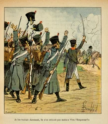 Illustrasjon av Bombled Louis (1862-1927) fra boken "The Memorial of Saint Helene" av grev Emmanuel de Las Cases (1766-1842): The Troops acclaimer Emperor Napoleon, Private Collection