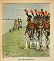 Illustrasjon av Bombled Louis (1862-1927) fra boken "The Memorial of Saint Helene" av grev Emmanuel de Las Cases (1766-1842): The Great Armee in Boulogne, The Emperor Napoleon contemples the England han ønsker å invadere, Privat samling