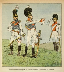 Illustrasjon av Bombled Louis (1862-1927) fra boken "The Memorial of Saint Helene" av grev Emmanuel de Las Cases (1766-1842): Bavarian Military: Colonel of Light Horses; bayersk offiser; Oberst av drager, privat samling