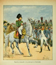 Illustrasjon av Bombled Louis (1862-1927) fra boken "The Memorial of Saint Helene" av grev Emmanuel de Las Cases (1766-1842): Napoleon kaller en parade av en løytnant, privat samling