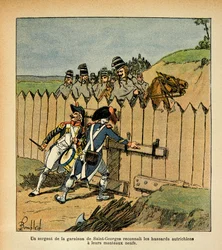 Illustrasjon av Bombled Louis (1862-1927) fra boken "The Memorial of Saint Helene" av grev Emmanuel de Las Cases (1766-1842): Under den italienske kampanjen gjenkjente en sersjant fra garnisonen til St George de østerrikske husarene med sine nye kåper, Pr