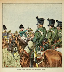 Illustrasjon av Bombled Louis (1862-1927) fra boken "The Memorial of Saint Helene" av grev Emmanuel de Las Cases (1766-1842): Napoleon harangue the trops, Private Collection