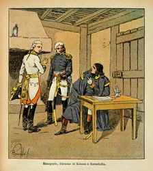 Illustrasjon av Bombled Louis (1862-1927) fra boken "The Memorial of Saint Helene" av grev Emmanuel de Las Cases (1766-1842): Bonaparte, Jean Mathieu Philibert Serrurier (1742-1819) og Johann von Klenau (1758-1819) ) i Roverbello under den italienske Ca