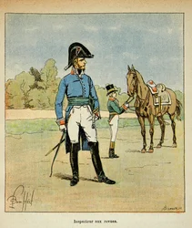 Illustrasjon av Bombled Louis (1862-1927) fra boken "The Memorial of Saint Helene" av grev Emmanuel de Las Cases (1766-1842): Portrett av en inspektør i magasiner, privat samling