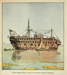 Illustrasjon av Bombled Louis (1862-1927) fra boken "The Memorial of Saint Helene" av grev Emmanuel de Las Cases (1766-1842): Engelsk ponton i havnen i Portsmouth som tjener som fengsel for den franske, private samlingen