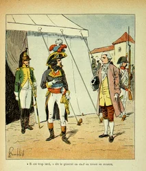 Illustrasjon av Bombled Louis (1862-1927) fra boken "The Memorial of Saint Helene" av grev Emmanuel de Las Cases (1766-1842): Representanten for Venezia prøver å megle med Bonaparte, Private Collection