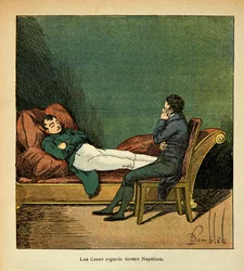 Illustrasjon av Bombled Louis (1862-1927) fra boken "The Memorial of Saint Helene" av grev Emmanuel de Las Cases (1766-1842): Las Cases ser på Napoleon sovende, privat samling