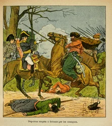 Illustrasjon av Bombled Louis (1862-1927) fra boken "The Memorial of Saint Helene" av grev Emmanuel de Las Cases (1766-1842): Napoleon overrasket i Brienne av kosakker, privat samling