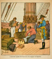 Illustrasjon av Bombled Louis (1862-1927) fra boken «The Memorial of Saint Helene» av grev Emmanuel de Las Cases (1766-1842): Den engelske admirauten foretar en inventar av bagasjen til keiser Napoleon før hans avgang til St. Helene i 1815, Priva