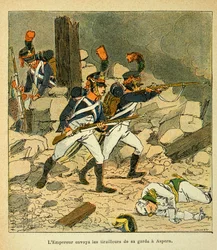 Illustrasjon av Bombled Louis (1862-1927) fra boken "The Memorial of Saint Helene" av grev Emmanuel de Las Cases (1766-1842): Keiser Napoleon sendte sin vakt til Aspern under slaget ved Essling