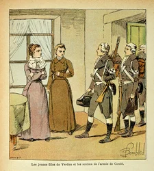 Illustrasjon av Bombled Louis (1862-1927) fra boken "The Memorial of Saint Helene" av grev Emmanuel de Las Cases (1766-1842): The Young Daughters of Verdun and the Soldiers of the Armee of Conde (Armee des Emigrres), Privat samling