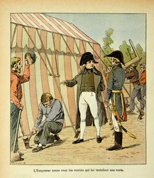 Illustrasjon av Bombled Louis (1862-1927) fra boken «The Memorial of Saint Helene» av grev Emmanuel de Las Cases (1766-1842): Keiser Napoleon snakker med sjømennene som satte opp et telt for ham, Private Collection