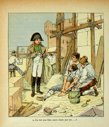 Illustrasjon av Bombled Louis (1862-1927) fra boken «Minneskriftet fra St. Helena» av grev Emmanuel de Las Cases (1766-1842): På øya Elba falt en murer som arbeidet på bygningene keiseren hadde beordret. Napoleon forsøkte å trøste ham og sa