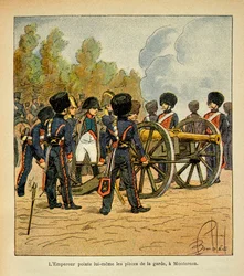 Illustrasjon av Bombled Louis (1862-1927) fra boken "The Memorial of Saint Helene" av grev Emmanuel de Las Cases (1766-1842): Keiser Napoleon retter selv våpenet til garde mot slaget ved Montereau, privat samling