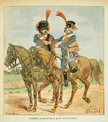 Illustrasjon av Bombled Louis (1862-1927) fra boken "The Memorial of Saint Helene" av grev Emmanuel de Las Cases (1766-1842): Artillery a horse of the Guard and the Line, Private Collection
