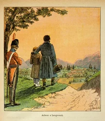 Illustrasjon av Bombled Louis (1862-1927) fra boken "The Memorial of Saint Helene" av grev Emmanuel de Las Cases (1766-1842): Farvel til Las Cases og hans sønn til Longwood, privat samling