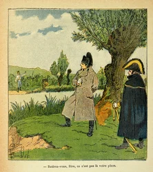 Illustrasjon av Bombled Louis (1862-1927) fra boken "The Memorial of St. Helene" av grev Emmanuel de Las Cases (1766-1842): På øya Laubo under slaget ved Esling tok Napoleon risikoer, en østerriksk offiser oppfordrer keiseren "" Withdr