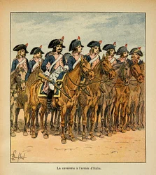 Illustrasjon av Bombled Louis (1862-1927) fra boken "The Memorial of St. Helene" av grev Emmanuel de Las Cases (1766-1842): Kavaleri med Armee of Italy, privat samling