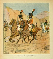 Illustrasjon av Bombled Louis (1862-1927) fra boken «The Memorial of St. Helene» av grev Emmanuel de Las Cases (1766-1842): Keiser Napoleon forlater Spania med hast