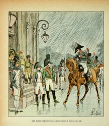 Illustrasjon av Bombled Louis (1862-1927) fra boken "The Memorial of St. Helene" av grev Emmanuel de Las Cases (1766-1842): Keiser Napoleon, konge av Preussen og tsar Alexander I (1777-1825) ved Tilsitt Traktat i 1807, privat samling