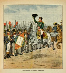 Illustrasjon av Bombled Louis (1862-1927) fra boken "The memorial se Sainte Helene" av grev Emmanuel de Las Cases (1766-1842): Keiser Napoleon sender troppene til anmeldelser, Privat samling
