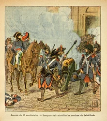Illustrasjon av Bombled Louis (1862-1927) fra boken "The memorial se Sainte Helene" av grev Emmanuel de Las Cases (1766-1842): Dagen den 13. fredag får Bonaparte seksjonene av Saint Roch til å skyte med en kanon, Privat samling
