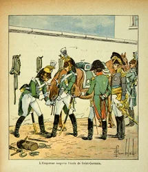 Illustrasjon av Bombled Louis (1862-1927) fra boken "The memorial se Sainte Helene" av grev Emmanuel de Las Cases (1766-1842): Keiser Napoleon inspiserer skolen til Saint Germain, privatsamling