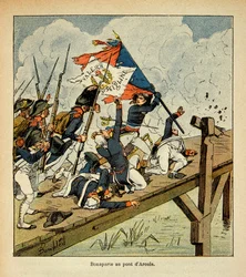 Illustrasjon av Bombled Louis (1862-1927) fra boken "The memorial se Sainte Helene" av grev Emmanuel de Las Cases (1766-1842): Bonaparte ved broen til Arcole, privat samling