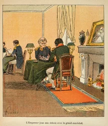 Illustrasjon av bombet Louis (1862-1927) fra boken "The Memorial of Saint Helene" av grev Emmanuel de Las Cases (1766-1842): Napoleon og stormarechal Henri Gatien Bertrand (1773-1844) spilte sjakk i august 1816 på Ste Helene, Privat samling