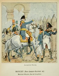 Illustrasjon av bombet Louis (1862-1927) fra boken "The Memorial of Saint Helene" av grev Emmanuel de Las Cases (1766-1842): Marechal Bon Adrien Jeannot de Moncey (1754-1842), hertug av Conegliano, privat samling